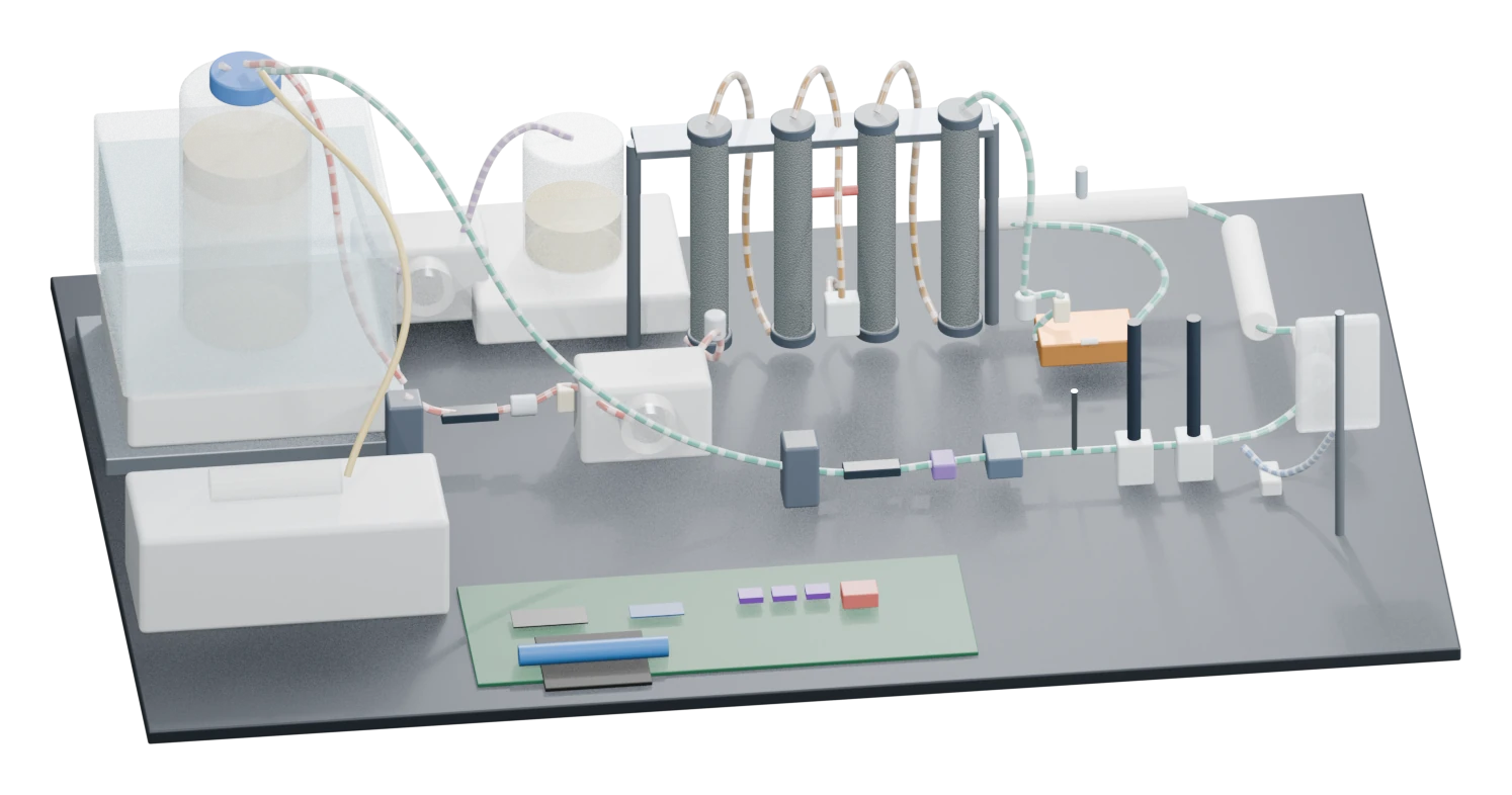 BD Bench concept with the reservoir, fluid connections, processing columns and electronics.